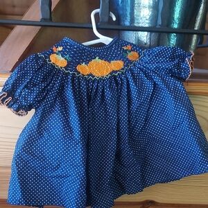 Navy Polka Dot Dress with Pumpkin Embroidery